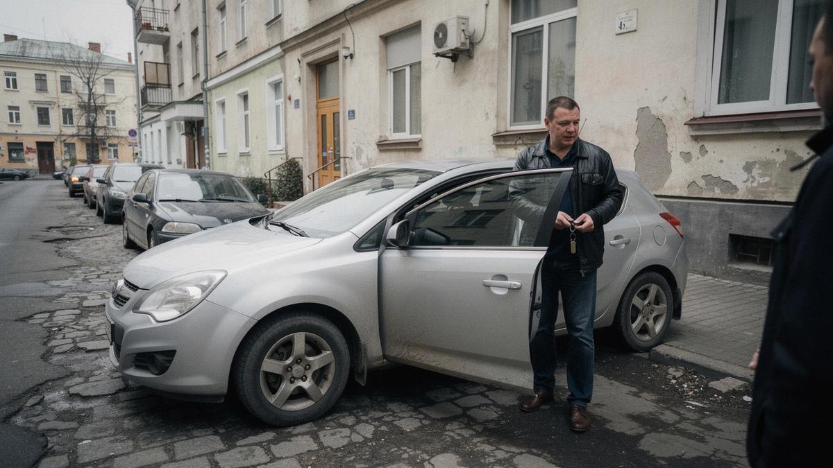 Compact rental car waiting outside a central Kyiv pickup desk